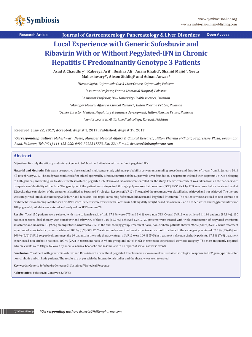(PDF) Local Experience with Generic Sofosbuvir and Ribavirin With or ...